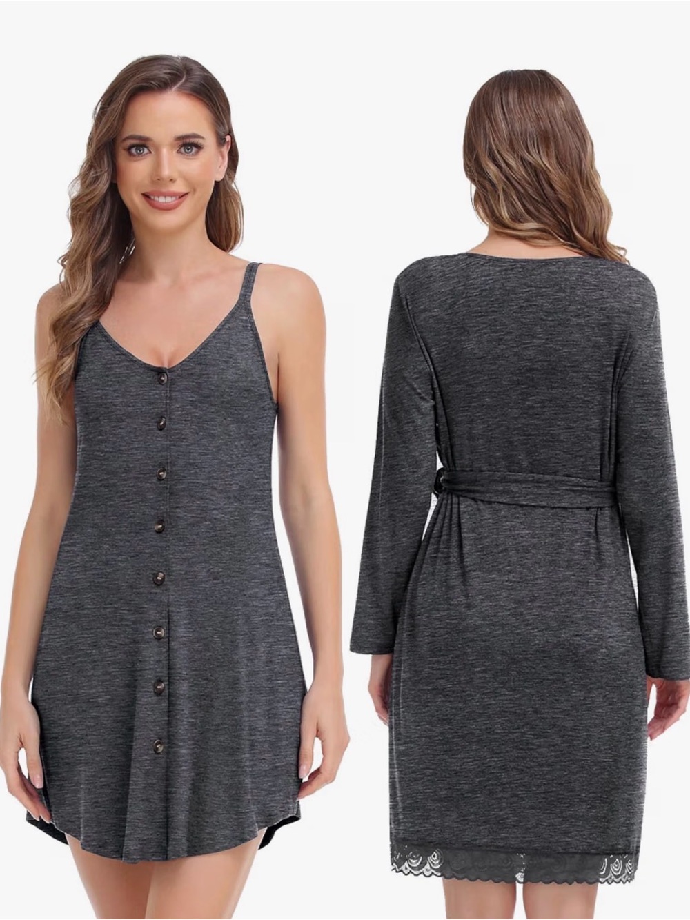 Maternity Cozy Button-Front Nightgown and Robe Set - Charcoal Gray